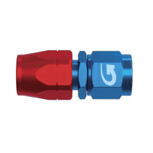 Close-up of a Goodridge 200 Series Cutter Fitting Straight Hose in red and blue, used for high-performance automotive fluid connections.