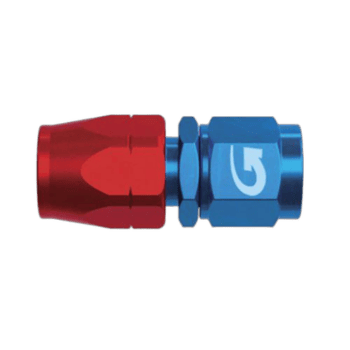 Close-up of a Goodridge 200 Series Cutter Fitting Straight Hose in red and blue, used for high-performance automotive fluid connections.
