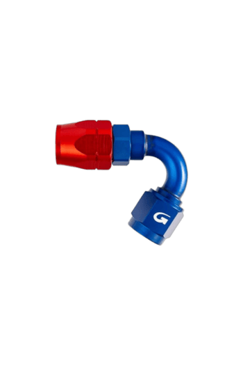 High-performance racing hose fitting with red and blue components for Grand Prix racewear.
