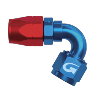 Blue and red racing fuel connector fitting for Grand Prix racewear, high-performance motorsport equipment.