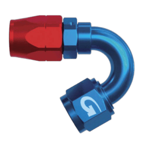 Goodridge 236 150° Female Fitting in red and blue, used for high-performance automotive fluid connections.