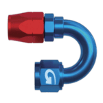 Goodridge 236 180° female fitting in red and blue for high-performance racing applications.