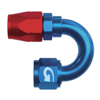 Goodridge 236 180° female fitting in red and blue for high-performance racing applications.