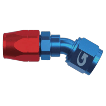 Close-up of a racing fuel quick connect fitting with red and blue components for Grand Prix Racewear.