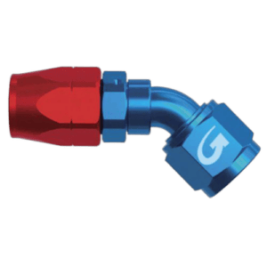 Close-up of a blue and red 45° female fitting for racing hoses, used in high-performance automotive applications.