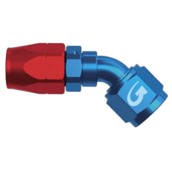 Close-up of a blue and red 45° female fitting for racing hoses, used in high-performance automotive applications.