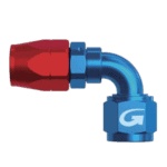 Grand Prix Racewear 90° female fitting with red and blue components for automotive or racing applications.