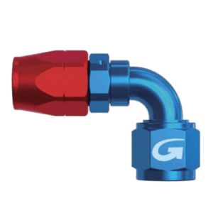 Grand Prix Racewear 90° female fitting with red and blue components for automotive or racing applications.