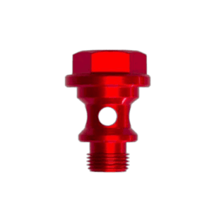Red Grand Prix Racewear banjo bolt for motorcycle fuel systems, lightweight and durable design.