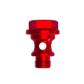 Red Grand Prix Racewear banjo bolt for motorcycle fuel systems, lightweight and durable design.