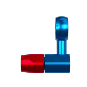 Grand Prix Racewear blue and red banjo fitting for car fuel lines, designed for high-performance racing applications.