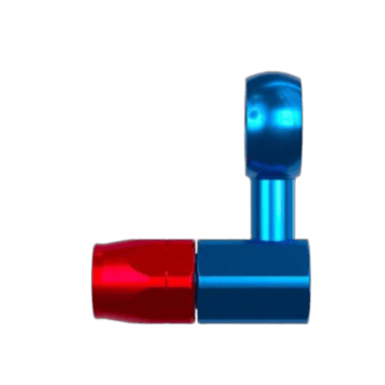 Grand Prix Racewear blue and red banjo fitting for car fuel lines, designed for high-performance racing applications.