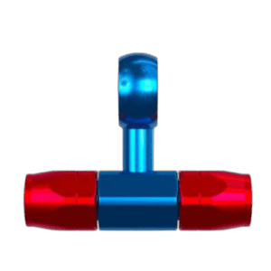 Grand Prix Racewear anodised blue and red hose end fitting for high-performance automotive applications.