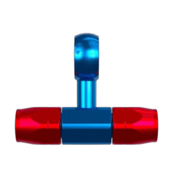 Grand Prix Racewear anodised blue and red hose end fitting for high-performance automotive applications.