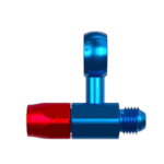 Grand Prix Racewear anodised blue and red banjo hose end fitting for high-performance automotive applications.