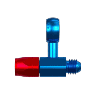 Grand Prix Racewear anodised blue and red banjo hose end fitting for high-performance automotive applications.