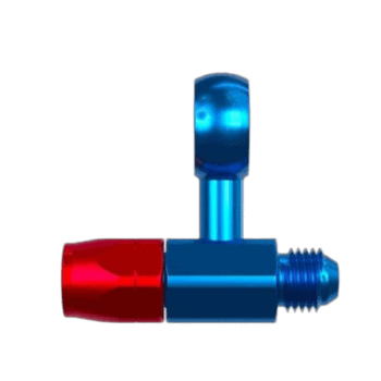 Grand Prix Racewear anodised blue and red banjo hose end fitting for high-performance automotive applications.
