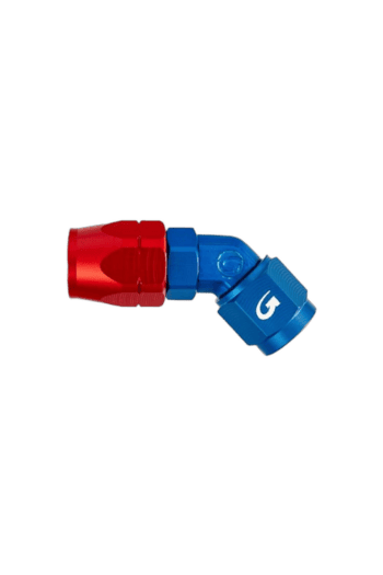 Red and blue racing fuel connector fitting for Grand Prix racewear and motorsport applications.