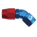 Close-up of a blue and red 45° forged female fitting hose connector for racing car applications.