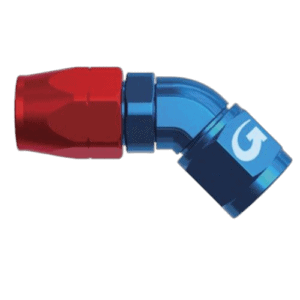 Close-up of a blue and red 45° forged female fitting hose connector for racing car applications.