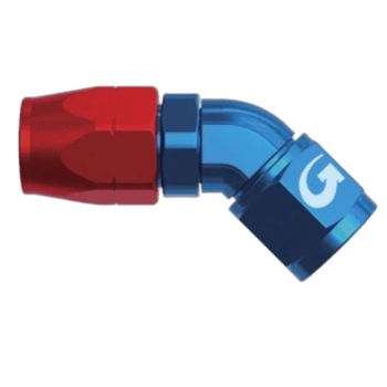 Close-up of a blue and red 45° forged female fitting hose connector for racing car applications.