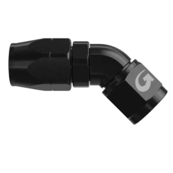 Black racing connector with a 90-degree bend, featuring the Grand Prix Racewear logo, designed for motorsport safety equipment.