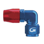Close-up of a blue and red 90° forged female fitting hose connector for high-performance racing applications.