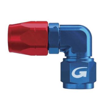 Close-up of a blue and red 90° forged female fitting hose connector for high-performance racing applications.