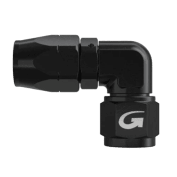 Black GPR Direct racing connector with a 90-degree angle, designed for high-performance motorsport applications.