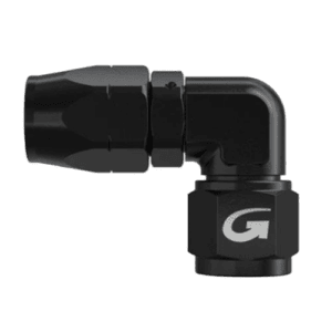 Black GPR Direct racing connector with a 90-degree angle, designed for high-performance motorsport applications.