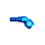 Blue 45° forged female concave seat hose fitting for racing applications, high-quality and durable for Grand Prix Racewear.