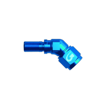 Blue 45° forged female concave seat hose fitting for racing applications, high-quality and durable for Grand Prix Racewear.