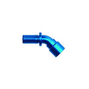 Blue 45-degree hose end fitting for racing and hydraulic applications, made of durable metal.