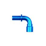 Blue aluminium 90-degree hose fitting for racing and automotive applications.
