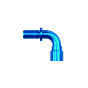 Blue aluminium 90-degree hose fitting for racing and automotive applications.