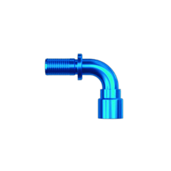 Blue aluminium 90-degree hose fitting for racing and automotive applications.