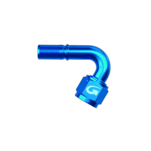 Blue 120° swept tube female concave seat hose end fitting for racing applications.