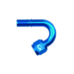Blue Grand Prix Racewear G-Line hose end with 150° swept tube and female concave seat for high-performance automotive applications.