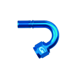 Blue Grand Prix Racewear G-Line hose end with 150° swept tube and female concave seat for high-performance automotive applications.