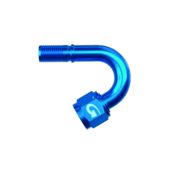 Blue Grand Prix Racewear G-Line hose end with 150° swept tube and female concave seat for high-performance automotive applications.