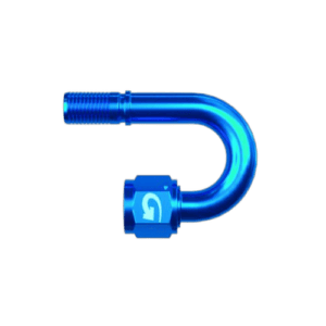Blue anodised Grand Prix Racewear G-Line hose end with 180° swept tube and female concave seat for high-performance automotive applications.