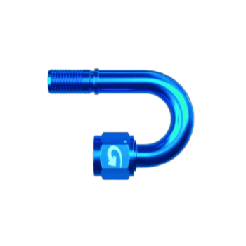 Blue anodised Grand Prix Racewear G-Line hose end with 180° swept tube and female concave seat for high-performance automotive applications.