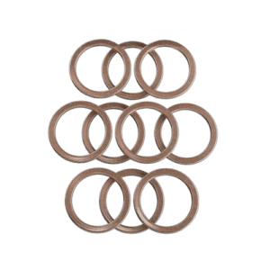 Set of eight metal washers arranged in two rows, used in automotive and mechanical applications.