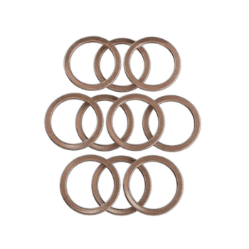 Set of eight metal washers arranged in two rows, used in automotive and mechanical applications.