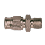 Close-up of a plated M10x1 male fitting for racing applications, showcasing precision machining and durability.