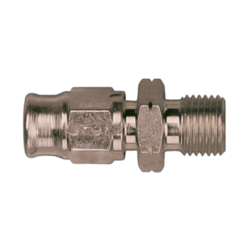 Close-up of a plated M10x1 male fitting for racing applications, showcasing precision machining and durability.