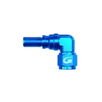 Blue Grand Prix Racewear G-Line hose end with 90° swivel and forged female concave seat for racing applications.