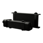 High-performance cooling radiator for racing vehicles, black with finned design for optimal heat dissipation.