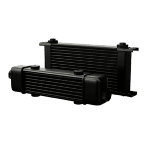 High-performance cooling radiator for racing vehicles, black with finned design for optimal heat dissipation.