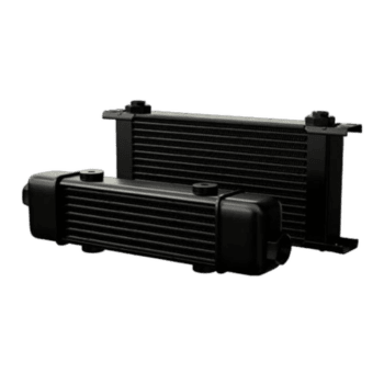 High-performance cooling radiator for racing vehicles, black with finned design for optimal heat dissipation.